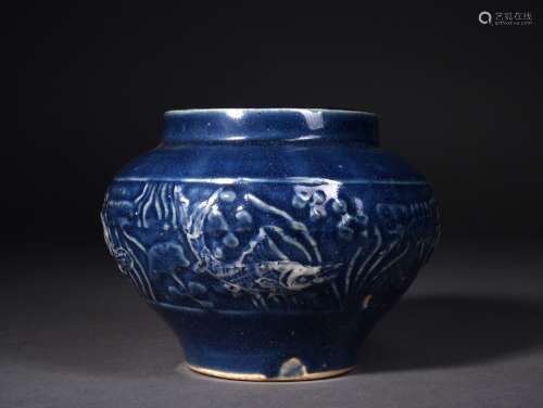 A BLUE-GLAZED LOTUS POND JAR, 16TH CENTURY