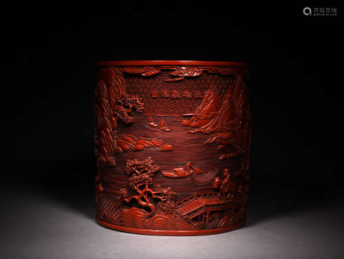 A CARVED CINNABAR LACQUER FIGURES IN LANDSCAPE BRUSH POT, 18TH CENTURY