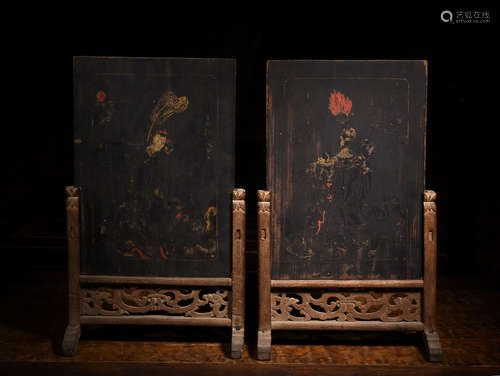 A PAIR OF POLYCHROME TABLE SCREENS, 19TH CENTURY