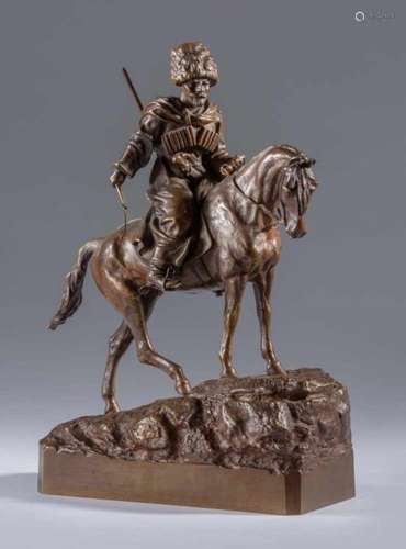 Kosake zu Pferd.Bronze, dunkel patiniert. Russland. Vasilii Grachev (1831-1905). Ein zu Pferde