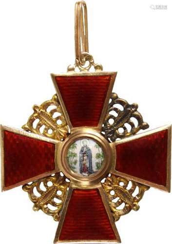 St. Anna-Orden,Kreuz 3. Klasse. Kreuz Gold emailliert, 35mm, fein gemaltes Medaillon, die Bandöse