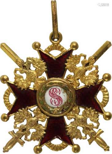 St. Stanislaus-Orden,Kreuz 3. Klasse mit Schwertern. Kreuz Bronze vergoldet und emailliert, 38mm,