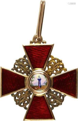 St. Anna-Orden,Kreuz 2. Klasse. Kreuz Gold emailliert, 43mm, das Medaillon fein gemalt, die