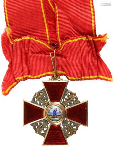 St. Anna-Orden,Kreuz 3. Klasse. Kreuz Gold emailliert, 35mm, fein gemaltes Medaillon, die Bandöse