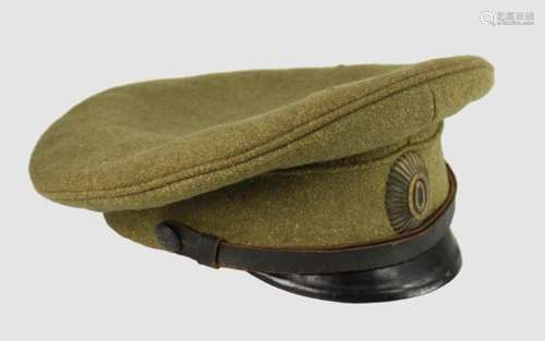 Schirmmütze für Offiziere,Felduniform 1. Weltkrieg, 1914, braunes Tuch, lederner Kinnriemen an