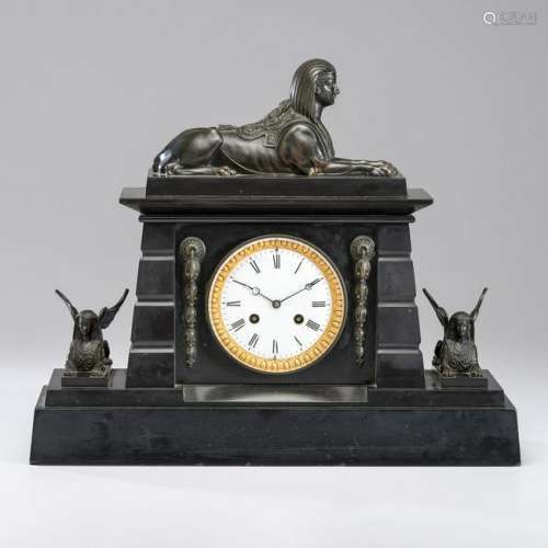 Egyptian Revival Slate Mantel Clock with French