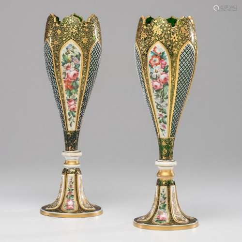 Bohemian Gilt and Green Glass Vases with Overlay