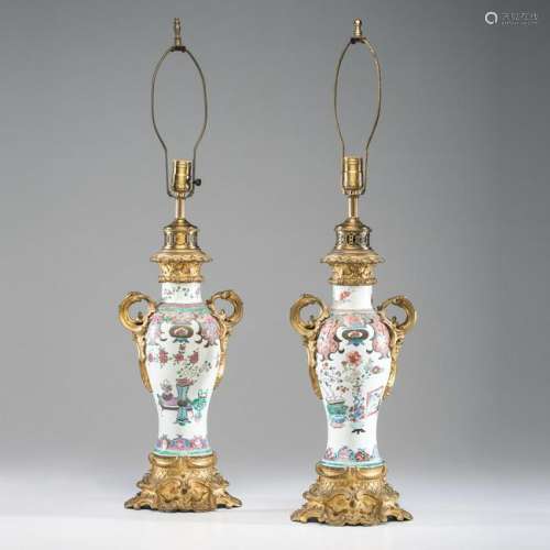 Famille Rose Baluster Vase Lamps with Gagneau Mounts