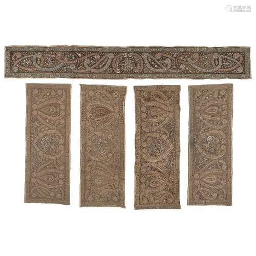 Five Turkish Ottoman Silk Embroidered Panels