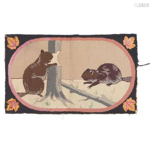 Hooked Rug with Beavers
