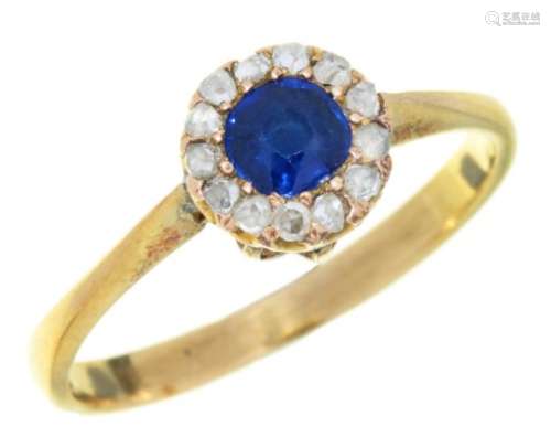 A CLOSED BACK SAPPHIRE AND ROSE CUT DIAMOND RING, LATE 19TH C adapted, on later 9ct gold hoop,