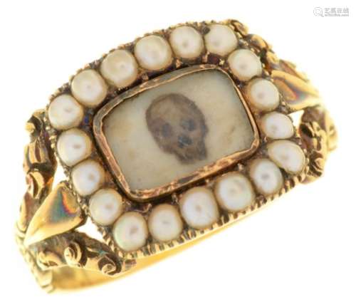 AN ENGLISH GOLD MOURNING RING, 1831 the oblong tablet inset with a painted miniature of a human