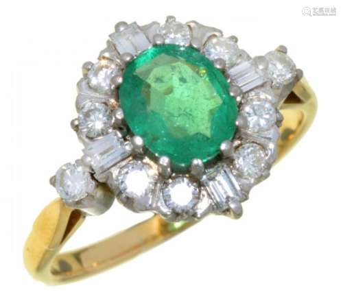 AN EMERALD AND DIAMOND RING the oval emerald 0.9ct approx, the baguette and brilliant cut diamonds