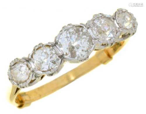 A VICTORIAN FIVE STONE DIAMOND RING the old cut diamonds 1.5ct approx, I colour, SI2 clarity, in