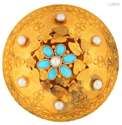 A RARE BRITISH NORTH AMERICAN TURQUOISE, PEARL AND GOLD BROOCH BY JULIUS CORNELIUS, NOVA SCOTIA,