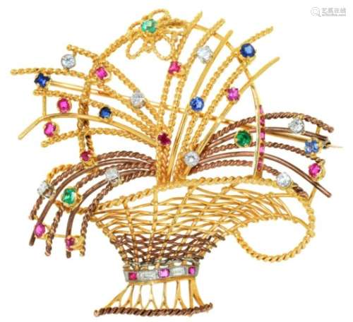 A MULTI GEM SET GOLD WIREWORK GIARDINETTO BROOCH, C1960 of diamonds, sapphires, rubies and emeralds,