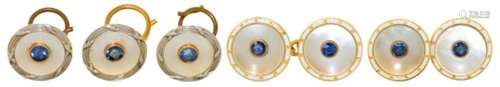 A SAPPHIRE AND MOTHER OF PEARL DRESS SET comprising cufflinks and three buttons, in gold marked