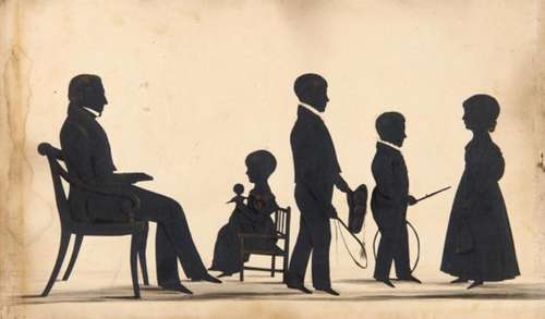 WILLIAM SEVILLE (1797-1866) SILHOUETTE OF A MAN AND FOUR CHILDREN signed verso (Cut with Scissors by