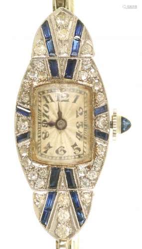 A P.W.C. ART DECO DIAMOND AND SAPPHIRE COCKTAIL WATCH, C1930 in platinum, marked platinum and