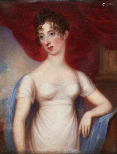 ENGLISH SCHOOL, EARLY 19TH CENTURY OF A YOUNG WOMAN three-quarter length in a white dress before a