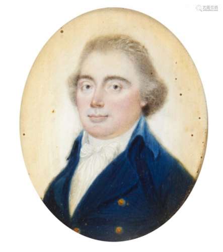ENGLISH SCHOOL, LATE 18TH CENTURY OF A GENTLEMAN in a blue coat, his powdered hair en queue,