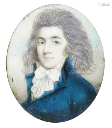 ENGLISH SCHOOL, LATE 18TH CENTURY A YOUNG MAN in a blue coat with white cravat, sky background,