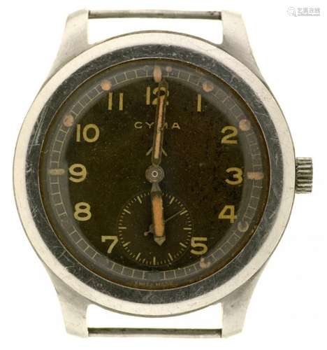 A CYMA STAINLESS STEEL BRITISH MILITARY ISSUE WRISTWATCH No 390157, cal 234, marked on caseback