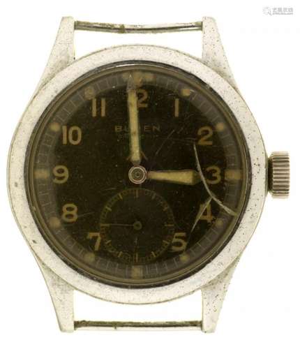 A BUREN STAINLESS STEEL BRITISH MILITARY ISSUE WRISTWATCH marked on caseback broad arrow, W.W.W.