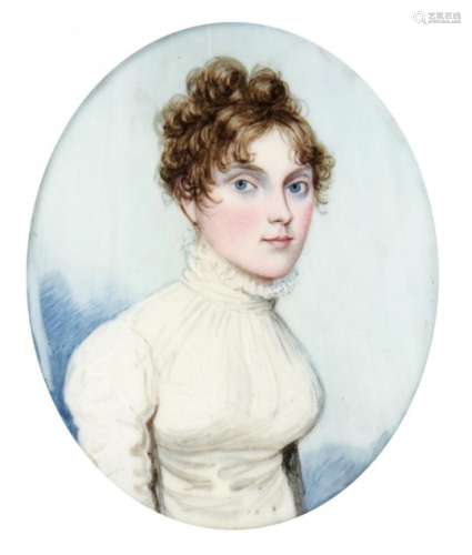 FREDERICK BUCK (1771-1840) A LADY in a white dress, ivory, oval, 6.5 x 5cm, giltmetal frame, leather