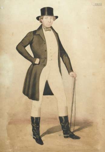 ENGLISH SCHOOL, 19TH CENTURY PORTRAIT OF A SPOTSMAN full length, ink and watercolour, laid down on