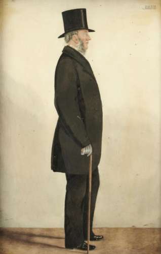 FOLLOWER OF RIGHARD DIGHTON PORTRAIT OF A GENTLEMAN full length in profile with a walking stick, ink