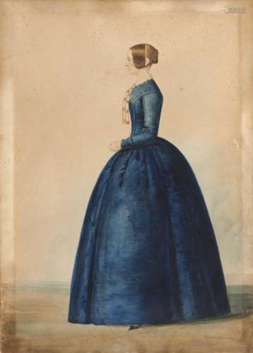 PATRICK WYBRANT (C1816-1894) PORTRAIT OF A LADY full length in a blue dress in profile, signed (