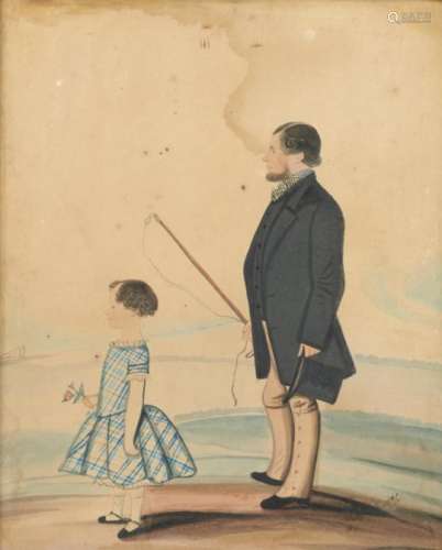 ENGLISH NAIVE ARTIST, 19TH CENTURY DOUBLE PORTRAIT OF A GENTLEMAN AND CHILD HOLDING A POSY ink and