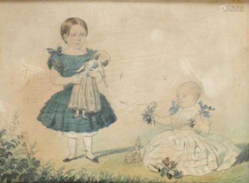 ENGLISH NAIVE ARTIST, 19TH CENTURY DOUBLE PORTRAIT OF TWO CHILDREN one holding a doll,