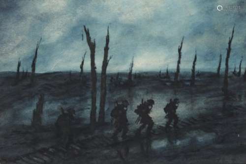 GUNNER F J MEARS (1890-1929) BRITISH TROOPS ON THE WESTERN FRONT BY NIGHT signed (F J Mears-BEF) (