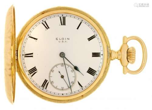 AN ELGIN NATIONAL WATCH CO 18CT GOLD HUNTING CASED KEYLESS LEVER WATCH No 18429042, jewelled