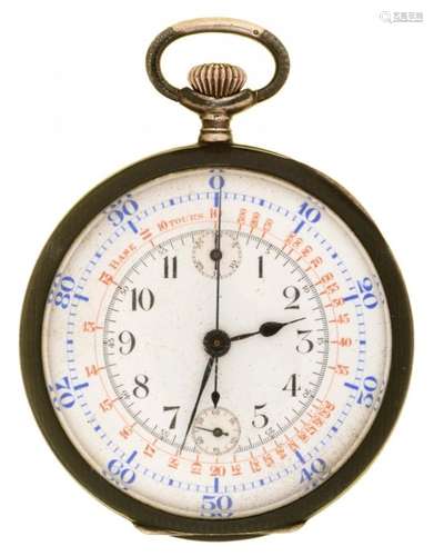 A SWISS SILVER NIELLO KEYLESS LEVER CENTRE SECONDS CHRONOGRAPH WATCH, C1890 with twin subsidiary