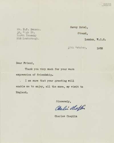 CHARLIE CHAPLIN (1889-1977) TYPED LETTER SIGNED Savoy Hotel, Strand, 30 October 1952, five lines,