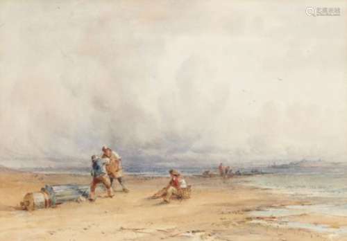 FREDERICK WILLIAM HATTERSLEY (1859-1942) FISHERFOLK ON THE SHORE; MENDING THE NETS a pair, both
