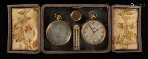 A GILTMETAL DESK TIMEPIECE COMPENDIUM, ROSS LONDON, EARLY 20TH C comprising watch type keyless lever