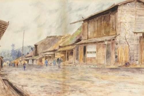 KIN'ICHIRO ISHIKAWA (1871-1945) VILLAGE SCENE signed, watercolour, 32.5 x 48cm++Good condition