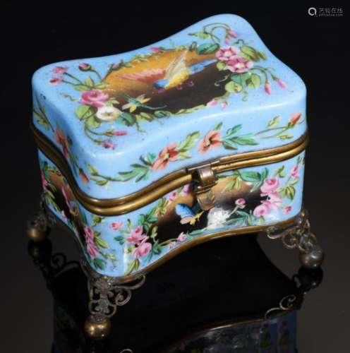 A PALAIS ROYAL GILTMETAL MOUNTED FRENCH PORCELAIN CASKET, C1870 painted with a bird and insects