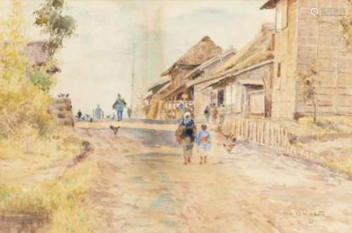 KIN'ICHIRO ISHIKAWA (1871-1945) VILLAGE SCENE signed, watercolour, 32.5 x 48.5cm++Good condition
