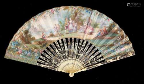 A FRENCH BONE FAN, 19TH C the leaf painted to either side with pastoral scenes in floral borders,
