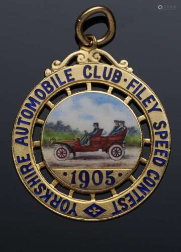 VETERAN MOTORING. A RARE 18CT GOLD AND ENAMEL YORKSHIRE AUTOMOBILE CLUB FILEY SPEED CONTEST 1905