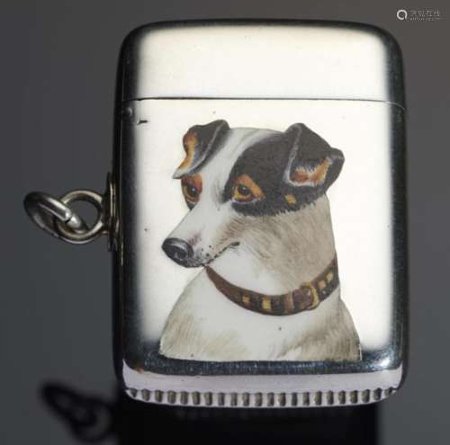 A VICTORIAN SILVER AND ENAMEL VESTA CASE the front with the head of a Jack Russell TERRIER, the