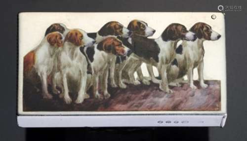 A VICTORIAN SILVER AND ENAMEL VESTA CASE plain rectangular, the front with a group of foxhounds, 5.