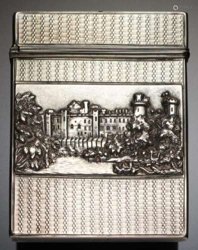 A VICTORIAN SILVER CASTLE TOP CARD CASE die stamped to either side with Warwick Castle or Kenilworth