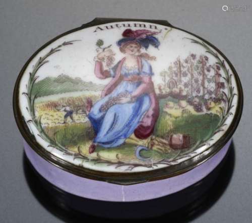 A GEORGE III SOUTH STAFFORDSHIRE ENAMEL PATCH BOX, C1780 the lid printed and painted with Autumn