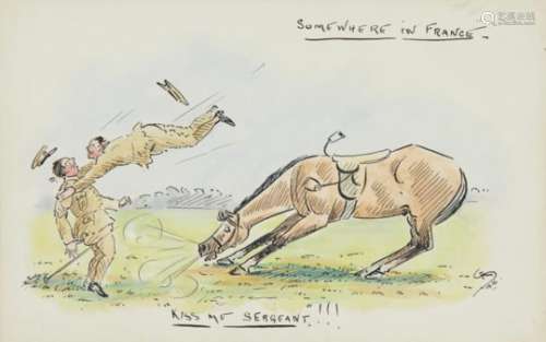 ENGLISH ILLUSTRATOR, 1916 HUMOROUS EQUINE INCIDENTS a set of six, all signed with monogram RS, dated